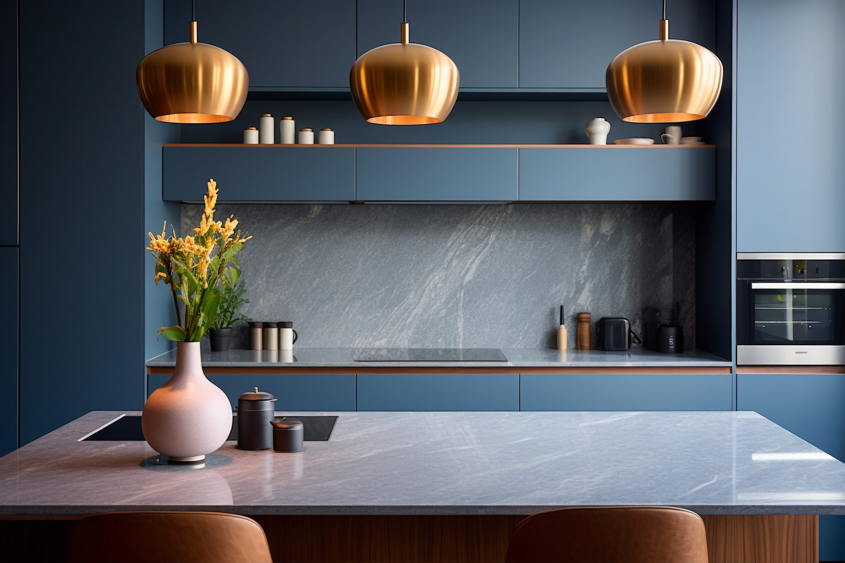 Modern kitchen island with waterfall countertop and bar stools.