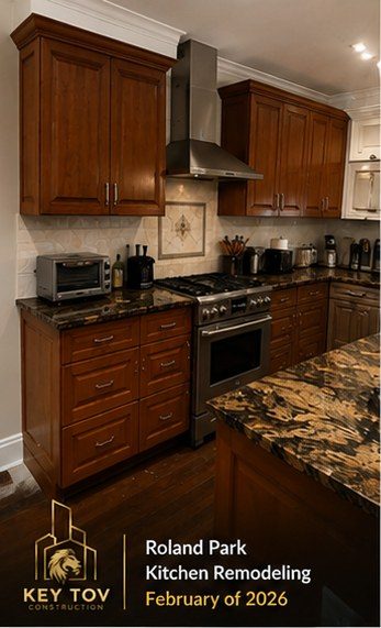 Roland Park kitchen before remodeling — cherry cabinets and dark granite