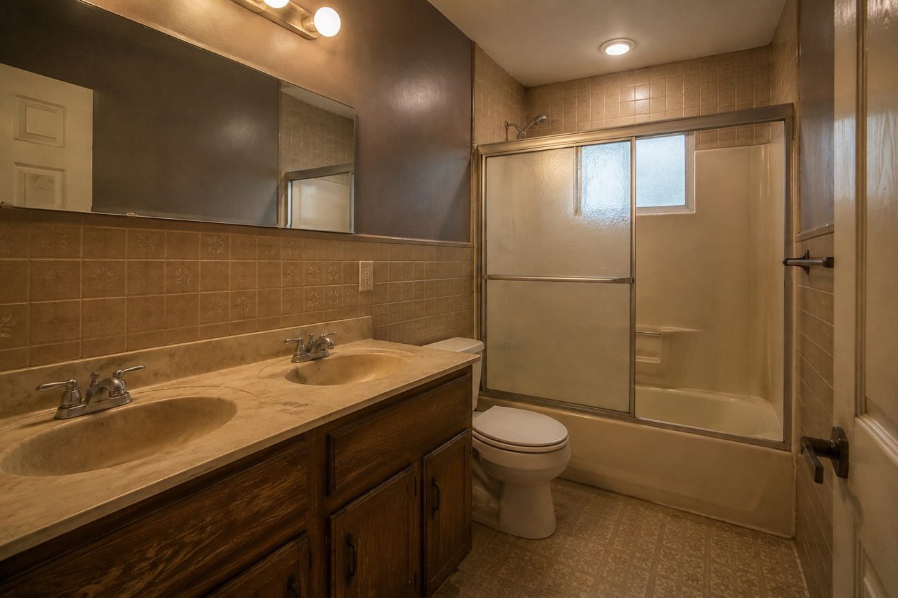 Dated full bathroom before remodeling with beige tile, oak double vanity and a tub with sliding glass doors