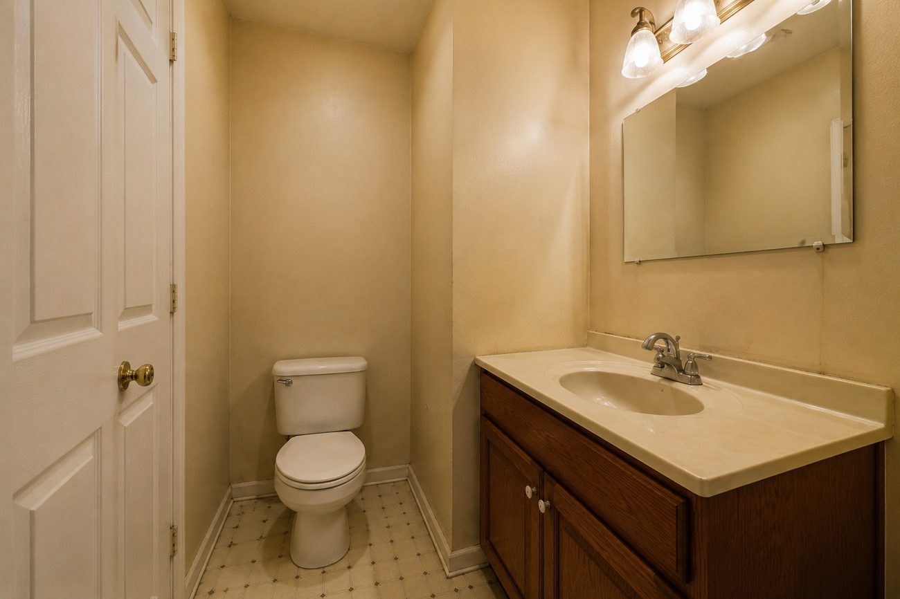 Original full bathroom toilet nook with beige tile before demolition