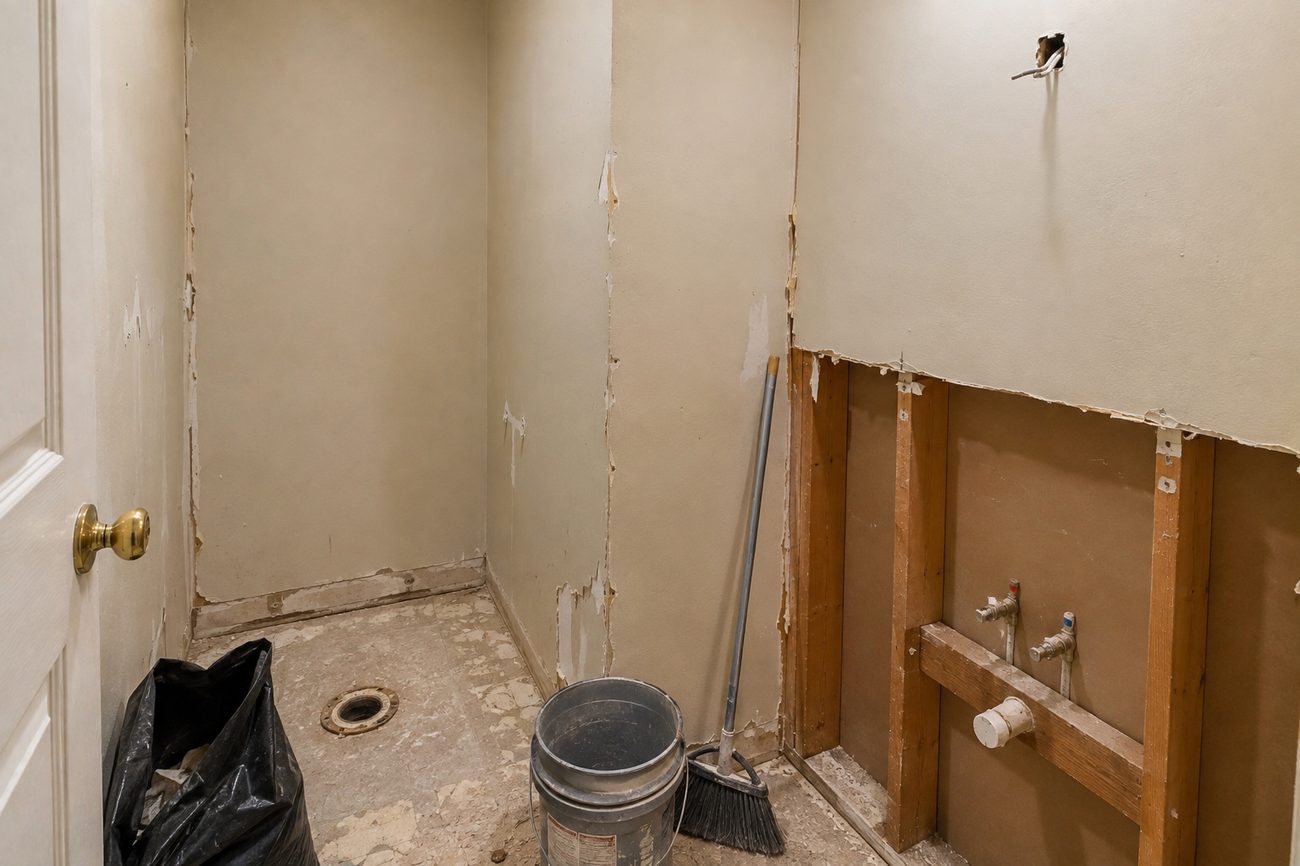 Full bathroom stripped to framing with supply lines and toilet flange exposed during demolition