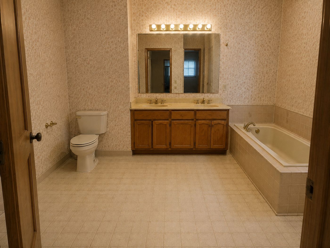 Dated master bathroom before remodeling in Mt. Washington, Baltimore, with floral wallpaper, oak vanity and a drop-in tub