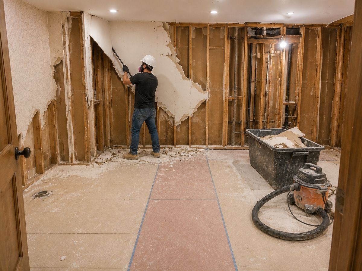 Key Tov Construction worker in a hard hat and respirator removing drywall during a Mt. Washington bathroom demolition