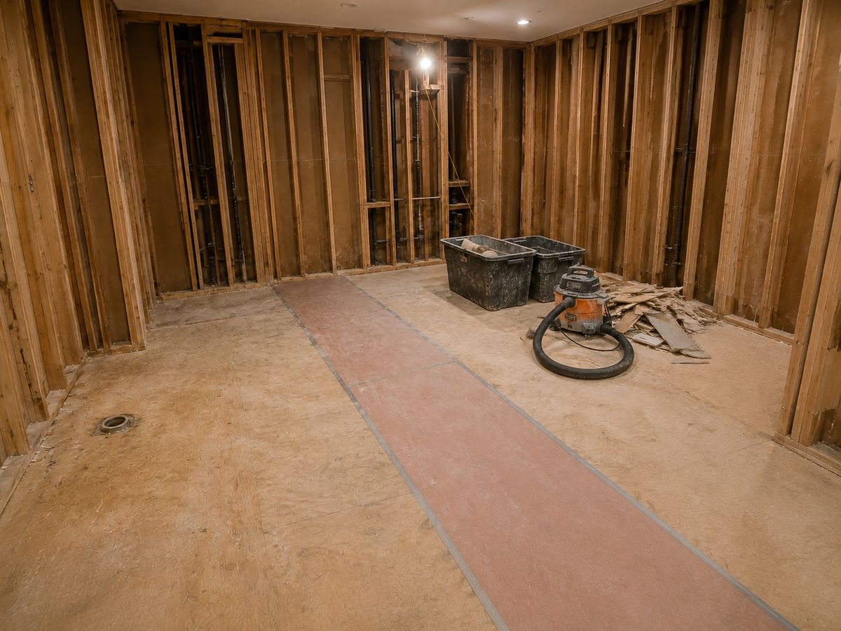 Master bathroom stripped to bare studs and subfloor showing original plumbing before rebuild