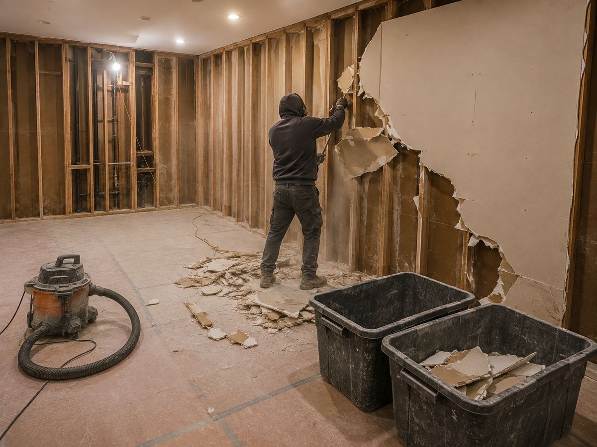 Drywall removal in progress during a full gut master bathroom remodel in Baltimore