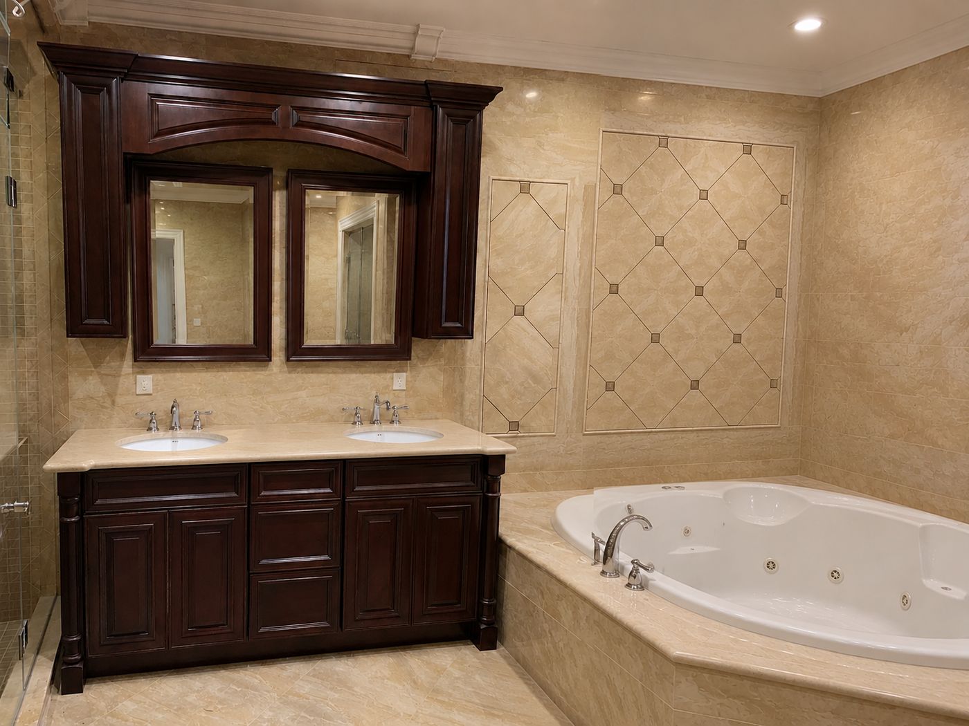 Corner Jacuzzi tub and framed diamond tile panels in a finished Baltimore master bathroom
