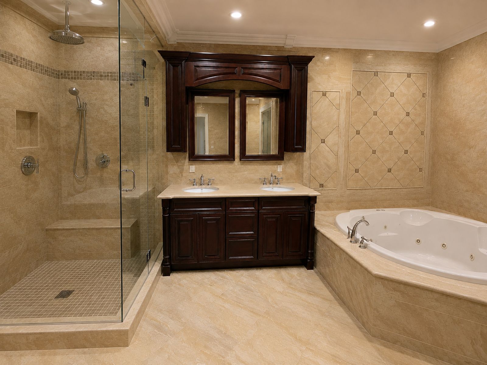 Finished master bathroom remodel in Mt. Washington, Baltimore with a corner glass shower, corner Jacuzzi tub and custom cherry double vanity